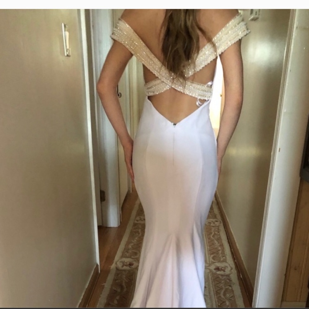OFF THE SHOULDER WHITE EVENING GOWN PEARLS MERMAID